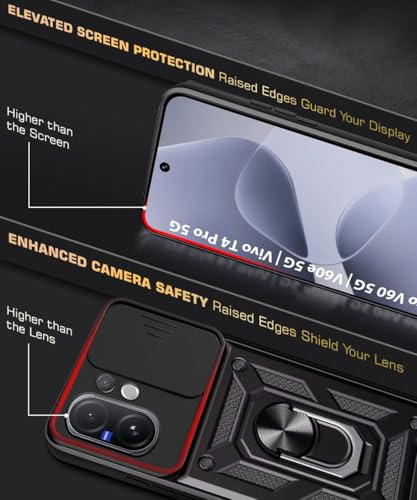 Image of WOW IMAGINE Tough Armor Bumper Mobile Back Case for Vivo V60 5G | V60e 5G | Vivo T4 Pro 5G | Sliding Camera Cover | Shock Proof 360 Protection | Hybrid PC + TPU | Ring Holder with Kickstand - Black