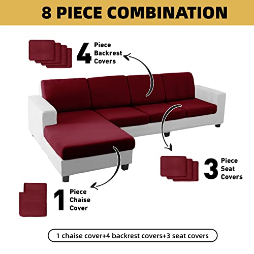 Hdcaxkj Sectional Couch Covers 8 Pieces Stretch Water Resistance Individual Couch Cushion Covers Protector L Shape Sofa Cover For Living Room Pet Dog L-Shaped Sofa Slipcovers Set (Wine Red, Large) #TOP3