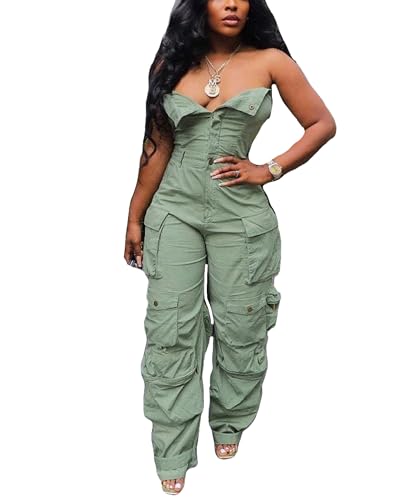 Tbahhir Womens Sexy Strapless Cargo Denim Jumpsuit with Multi Pockets Loose Baggy Wide Leg Jeans Romper