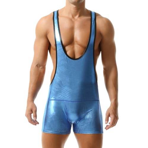 Permiso De Conducir Traje Deportivo Para Hombre, Tanque De Lucha Libre Traje De Baño Metálico Pantalones Elásticos, azul, XL