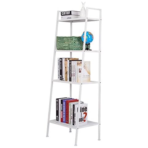 K KYMYCraft Metal 4-Tier Ladder Shelf, Industrial Bookshelf, Plant Stand, Storage Rack Organiser Display Ladder Shelf Wall Shelf, for Home Living Room and Office, Bedroom, Kitchen (White) Cover
