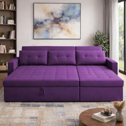 Image of Emilio 4 Seater LHS L - Shape Pull-Out Sofa Cum Bed Sofa for Living Room (Purple Fabric Color) Premium Fabric Sofa Set for Living Room Sofa Cum Bed
