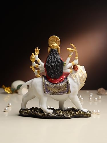 Image of ARMONIA Goddess Durga Dust Marble Finish Figurine with Lion | Hindu Sherawali MATA Murti | Durga Maa Idol for Pooja Mandir & Puja Room | Traditional Hindu Statue for Home Decor & Gifting | H- 25 cm