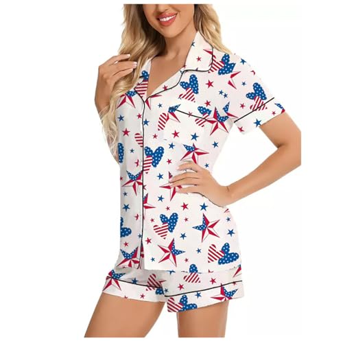 Image of iTranyee Women Silk Satin Pajama Shorts Set American Flag Short Sleeve Shirt Lounge Shorts Outfits 4th of July Loungewear
