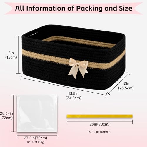 Image of OIAHOMY Large Woven Storage Basket with Handles for Nursery Living Room Shelves, Bow Basket for Gifts Empty with Gift Bags and Ribbons for Baby Showers Pet Toy Bin - Black