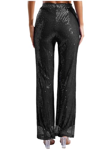 Women's Shiny Sequins Elastic Waist Long Pants Straight Wide Leg Pants Bling Glitter Trousers2