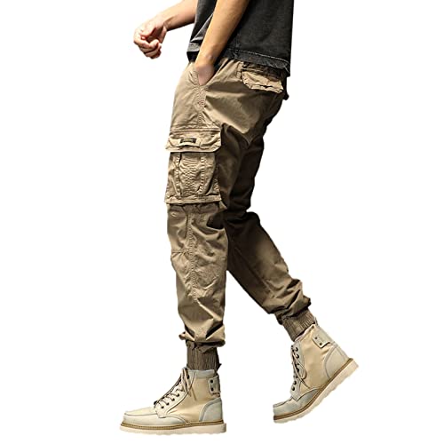 Mens Cotton Plus Size Pocket Solid Elastic Waist Pants Overall Pants Boy Glitter Khaki #TOP24