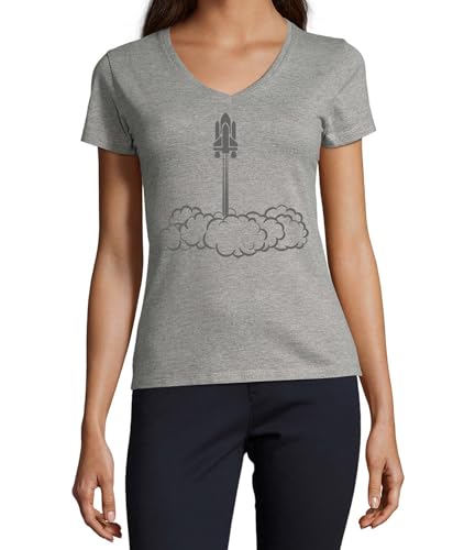 T-shirt col en V Rising Space femme coton haut gris imprim&eacute; fus&eacute;e