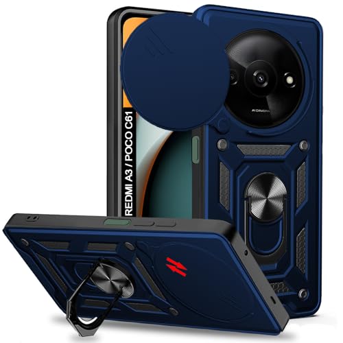 Image of AESTMO Tough Armor Redmi A3 / A3X / Poco C61 Bumper Back Case Cover | Ring Holder & Sliding Camera Shield Cover | 360 Degree Protection Back Case Cover for Redmi A3 / A3X / Poco C61 (Blue)
