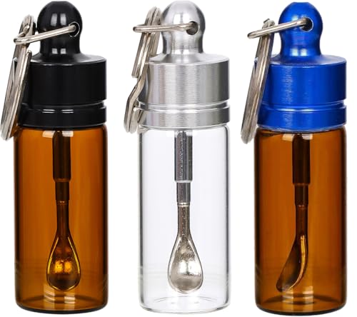 RLFDAE 3-Pack Mini Glass Containers with Spoons, Leak-Proof & Waterproof Portable Keychain Storage