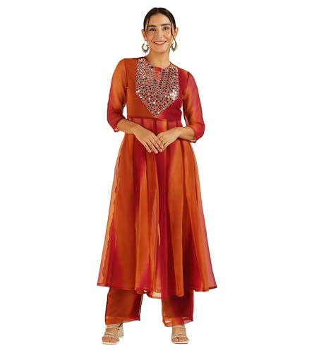 Image of DEEBACO Women's Ombre Lahariya Georgette Ankle Length Anarkali Tunic with Palazzo Co Ord Set for Women Fashion|Round Neck|Long Dress for Woman Two Piece|Casual Wear Dresses(Maroon)