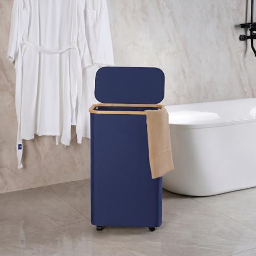 Image of efluky Slim Laundry Hamper with Wheels, Narrow Laundry Basket with Lid and Removable Bag, Aesthetic Dirty Clothes Hamper on Wheels for Laundry Room, Bedroom, Dorm and Bathroom, 75L Beige