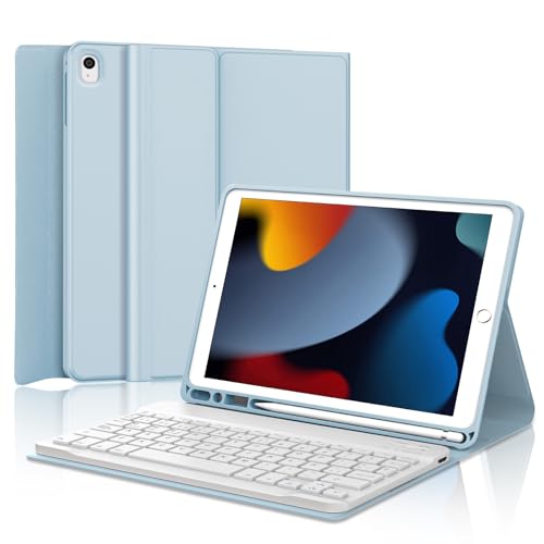 KVAGO Teclado para iPad 9 generación - Funda Teclado Inalámbrico para iPad 10.2" 9ª Gen 2021/8ª Gen 2020/7ª Gen 2019, Español Keyboard Bluetooth Desmontable para iPad 10.2/Air 3 /Pro 10.5", Azul
