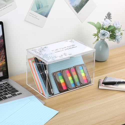 BTSKY Caixa de cartão de índice de acrílico transparente de 12,7 x 20,3 cm com tampa de sinalização