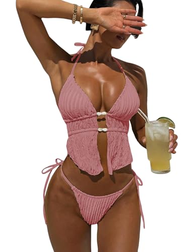 Image of RoseSeek Women's 2 Piece Boho Polka Dots Beaded Bikini Sets Sexy Swimsuits | Halter Swimsuits, Backless, Textured, Tie Side, Tankini Set, Bathing Suits, Summer, Vacation