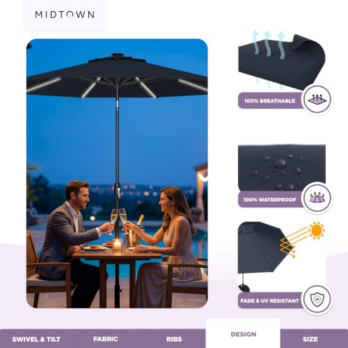 Image of Midtown Umbrellas LED Swilt - 8 Ft Solar LED Patio Umbrella, Canvas Navy