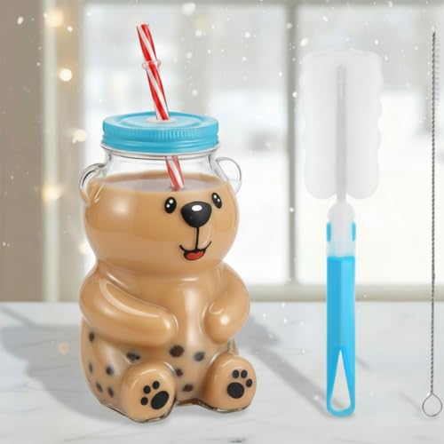 Willinglong Bear Straw Cup 19oz Glass Honey Bear Cup with Straws and Lid Cute Mugs for Coffee Drink Cute Kawaii Bottle Mug for Juice Milk Tea Smoothies Infused Water Beverage Food Grade Microwave Safe