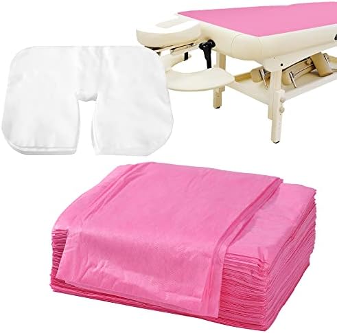 Uralili 100 Pieces Disposable Non Woven Massage Table Sheets Set Include 50 Pieces 31x71 Inches Soft Massage Bed Sheet & 11x14 Inches Face Cradle Covers For Massage Beauty Salon - Pink