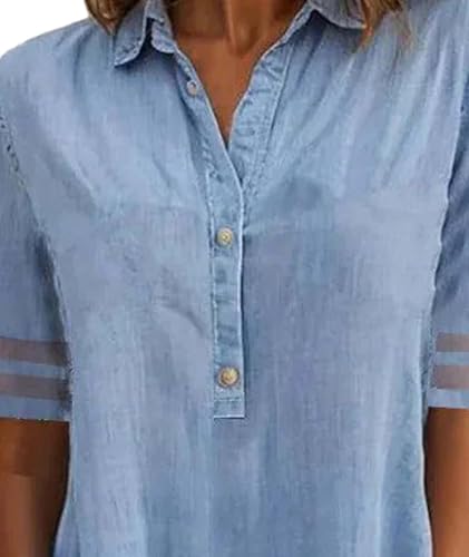 Image of SOMTHRON Women's Denim Shirt Dress Lapel Tulle Short Sleeve Button Down Loose Jean Tunic Midi Dress with Pockets