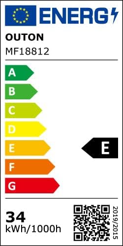 EU Energy Label for OUTON MF18812, showing energy efficiency class E and 34 kWh/1000h consumption.