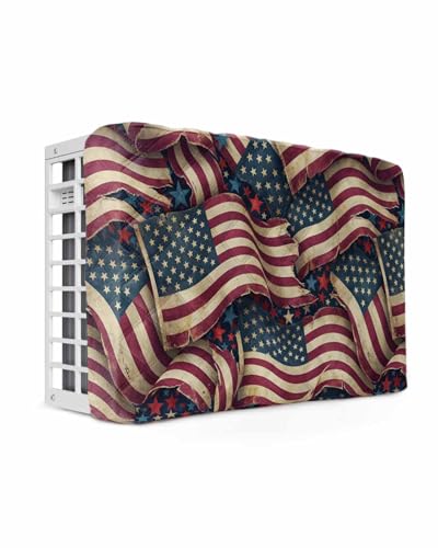 Independence Day Indoor Air Conditioner Cover for Window Units, Red Blue USA Flag Retro Patriotic Stars Stripes Windproof AC Cover, Waterproof AC Wall Unit Covers with Elastic Straps 21''x15''x3.5''
