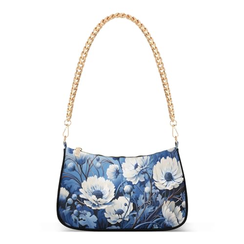 Shoulder Bags for Women Blue Flowers Hobo Tote Handbag Small Clutch Purse with Zipper Closure