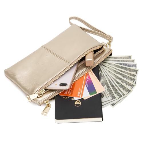ZOUIQSS Kleine Dreifach Reißverschluss Umhängetasche Leichte Handtaschen Geldbörse Vegan Kunstleder Handgelenkstasche,Inklusive verstellbarer Schulter(Gold(LZ))