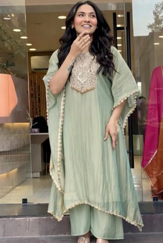 Image of GoSriKi Fendy Glass Embroidered A-Line Kurta with Palazzo for Women | Fendy Glass Grey | Kaftan Sleeve | Round Neck | Ethnic Wear Casual Wear