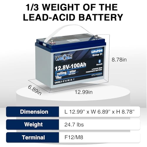 Image of Weize 12V 100Ah Bluetooth Trolling Motor LiFePO4 Battery Group 31, Low-Temp Protection Deep Cycle Lithium Battery 100A BMS 500A /3S Peak Discharge for Marine, Boat, RV, Solar