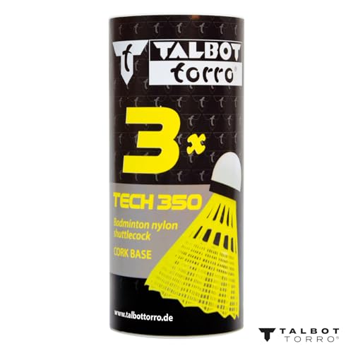 Talbot Torro® Badminton Ball Tech 350, 3er Dose, Farbe: Gelb, Geschwindigkeit: Grün/Langsam, Nylonfederball für Freizeit, Training, Schule, für Indoor & Outdoor, 479115
