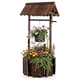 COSTWAY Holzbrunnen mit Dach, Wunschbrunnen Garten, Blumenkübel Dekobrunnen Blumentopf, Dekoration für Draußen Veranda, Zierbrunnen Brunnen Gartenbrunnen, 56 x 56 x 119 cm, Braun