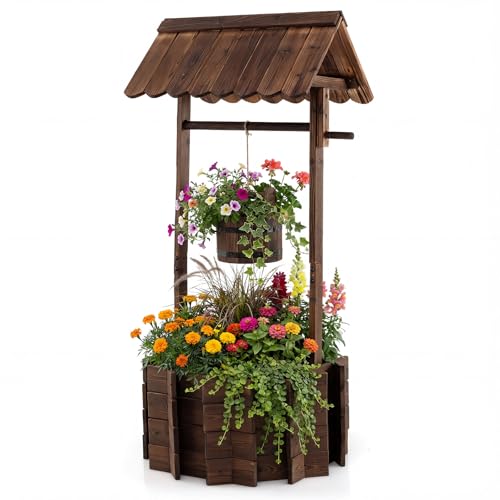 Giantex Wooden Wishing Well Planter with Hanging Bucket, Carbonized Fir Wood Outdoor Garden Planter for Flowers, Rustic Decorative Flower Pot for Yard Patio Deck Home Decor