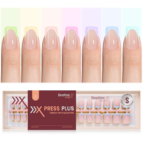 Image of Beetles French Tip Press On Nails 224 Pcs 7 Colors, Short Square Classic Fake Nail Tips, Pastel Romance Macaron Soft Nails Gel False Nail Art DIY For Women