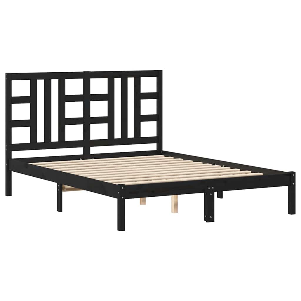 Lite drewno sosnowe Klasyczna rama z listwami Czarny 140x190 cm | Rama łóżka czarna lite drewno sosnowe 140x190 cm z zagłówkiem do sypialni