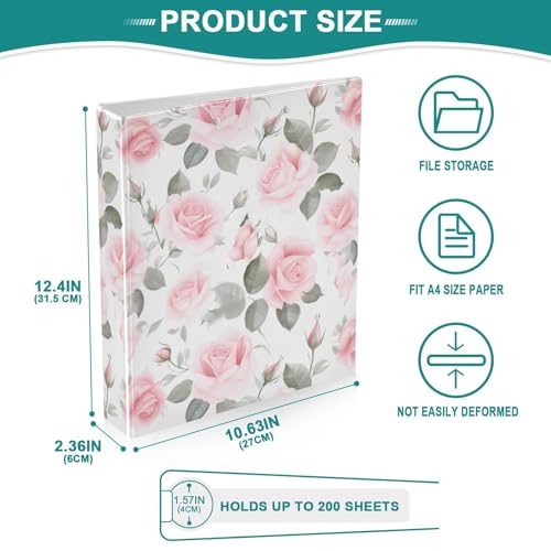 Image of 3 Ring Binder Pink Rose Floral Roses 1.5 inch Binders Three Ring Binders with Clipboard Fit 8.5'' x 11'' Paper 3 Interior PVC Clear Pockets for Office Supplies
