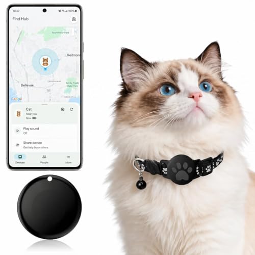 GPS Tracker for Cats, Cat Collar with Tracker for Android Users – No Monthly Fee, Google Find Hub Cat GPS Tracker Collar, IP67 Waterproof, Replaceable Battery Lasts 1 Year (Not Standalone GPS) (Black)
