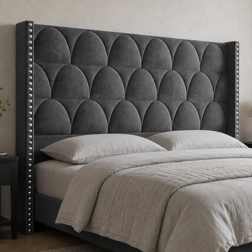 BrooveWave 56.3" High Velvet Upholstered Wingback Headboard, King, Gray