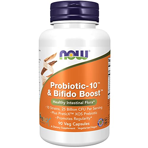 NOW Supplements, Probiotic-10™ & Bifido Boost™ with 10 Strains, 25 Billion CFU Per Serving, plus PreticX™ XOS Prebiotic, 90 Veg Capsules