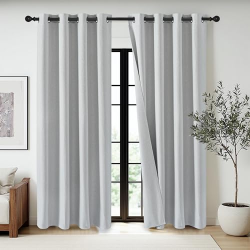 PONY DANCE 100% Blackout & Linen Texture Greyish White 52x54 Inch 2 Panels Curtains - Triple Woven Thermal Insulated Soundproof Eyelet Drapes for Living Room