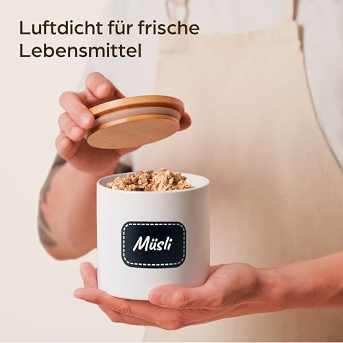 Praknu Keramikdosen mit Deckel Luftdicht Weiß - Vorratsdosen 3er Set - inkl. Etikett & Stift zum Beschriften - Spülmaschinenfest
