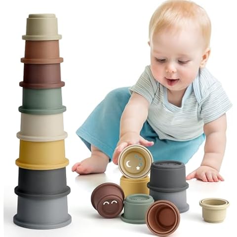 BOBXIN Stacking Cups Baby Building Toy, Nesting Cup Early Educational Toddlers Stacking Toy, 8 Pcs with Numbers & Pattern, Fun for Kid Baby 6-12 Months Play for Indoor/Outdoor/Bathtub/Beach Cover