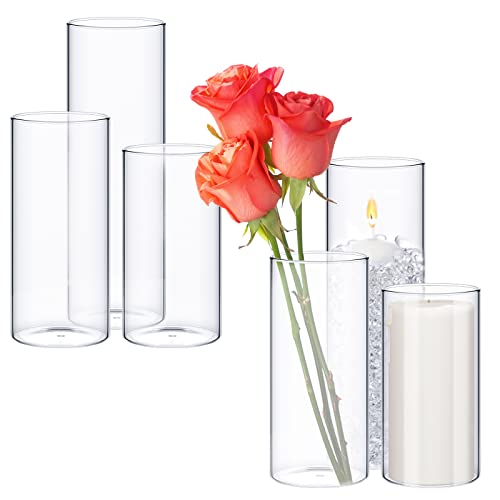 6 Pcs Glass Cylinder Vases for Centerpieces 5,6,8,10 Inch Tall Clear Flowers Vase Hurricane Floating Candles Holders Bulk for Table Centerpieces Wedding Home Decor (2.5” X 5”,6”,8”)