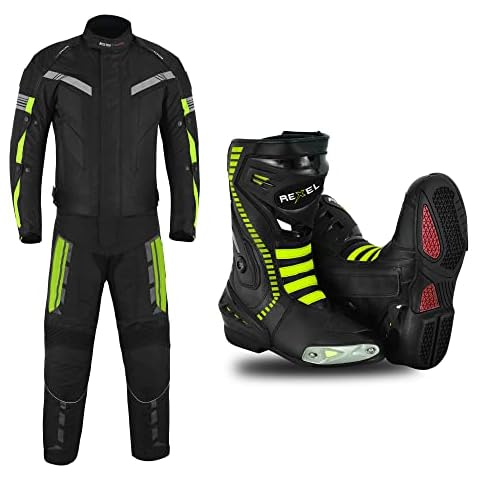 Motorcycle Motorbike Suit for Mens Wterproof CE Armoured Jacket, Protective Trouser Pant with Rider Boots Racing Biker Shoes(Message Us Your Shoes Size) (W-34 L-32, S) Cover