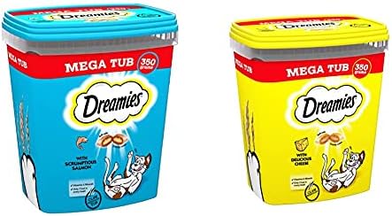 Dreamies Cat Treats, Tasty Snacks with Delicious Salmon, 2 Tubs of 350 g & Cat Treats, Tasty Snacks with Delicious Chicken, 2 Tubs of 350 g