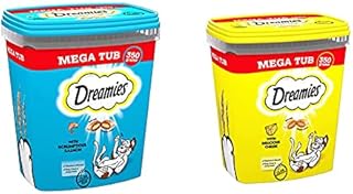 Dreamies Cat Treats, Tasty Snacks with Delicious Salmon, 2 Tubs of 350 g & Cat Treats, Tasty Snacks with Delicious Chicken, 2 Tubs of 350 g