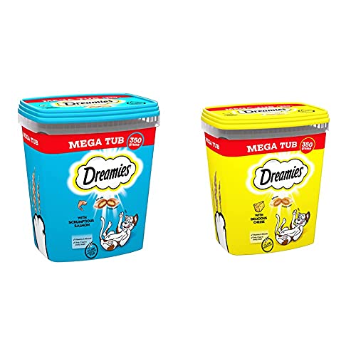 Dreamies Cat Treats, Tasty Snacks with Delicious Salmon, 2 Tubs of 350 g & Cat Treats, Tasty Snacks with Delicious Chicken, 2 Tubs of 350 g