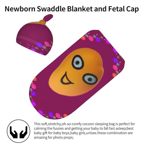 Smiley Mango Print Newborn Swaddle Blanket with Beanie Set, Soft Baby Sleep Sack Receiving Wraps, for Boy Girl2
