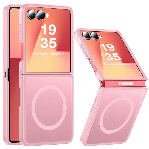 Image of Magnetic for Samsung Galaxy Z Flip 7 Case [Compatible with MagSafe][Anti-Fingerprint][Military Grade Drop Proof] Translucent Hard Back&Soft Silicone Bumper for Flip 7 Phone Case,Rose Pink