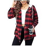 Womens Shirts Plaid Hoodie Jacket Long Sleeve Button Down Blouse Tops Casual Loose Fit Boyfriend Shirt with Pocket Plus Size Red