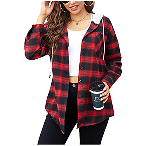 Womens Shirts Plaid Hoodie Jacket Long Sleeve Button Down Blouse Tops Casual Loose Fit Boyfriend Shirt with Pocket Plus Size Red